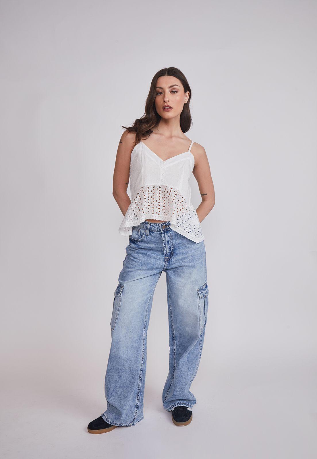Blusa Mujer Broderie Botones Blanco Sioux-4