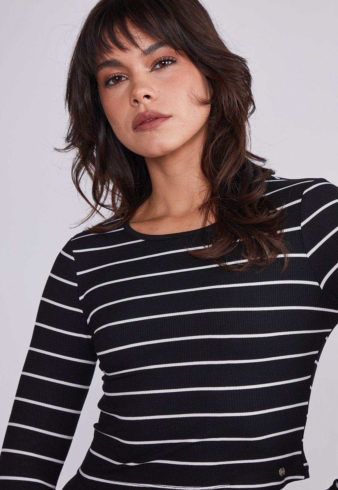 Polera Mujer Negro Manga Larga Rayas Sioux-1