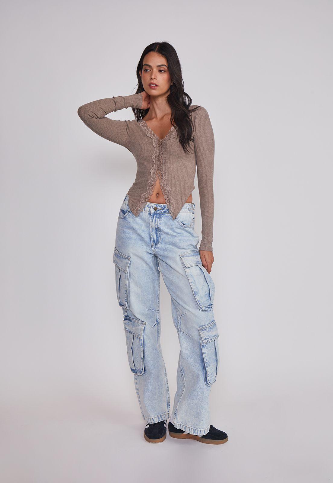 Polera Mujer Detalles Encaje Arena Sioux-2