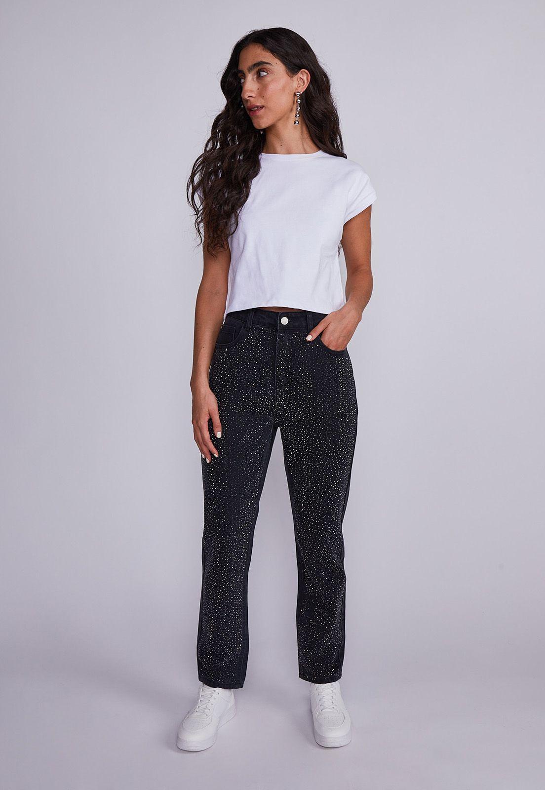 Jeans Mujer Negro Regular Brillos Sioux-3