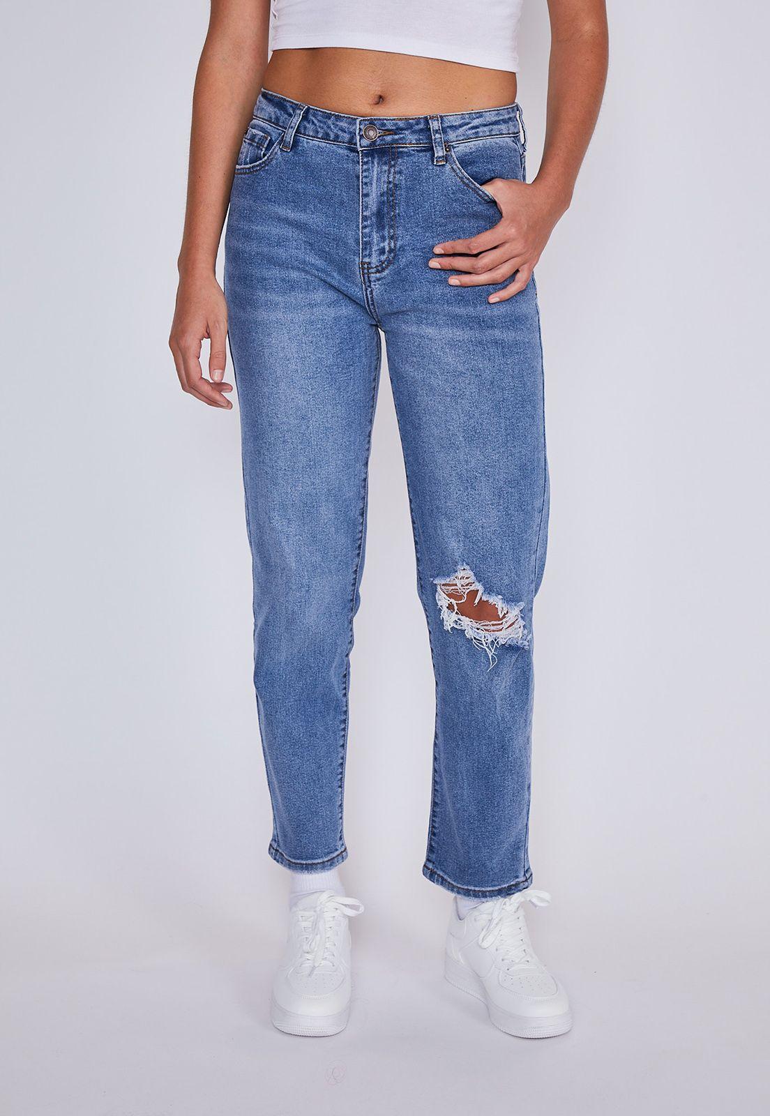 Jeans Mujer Mom Destroyer Azul Sioux-0