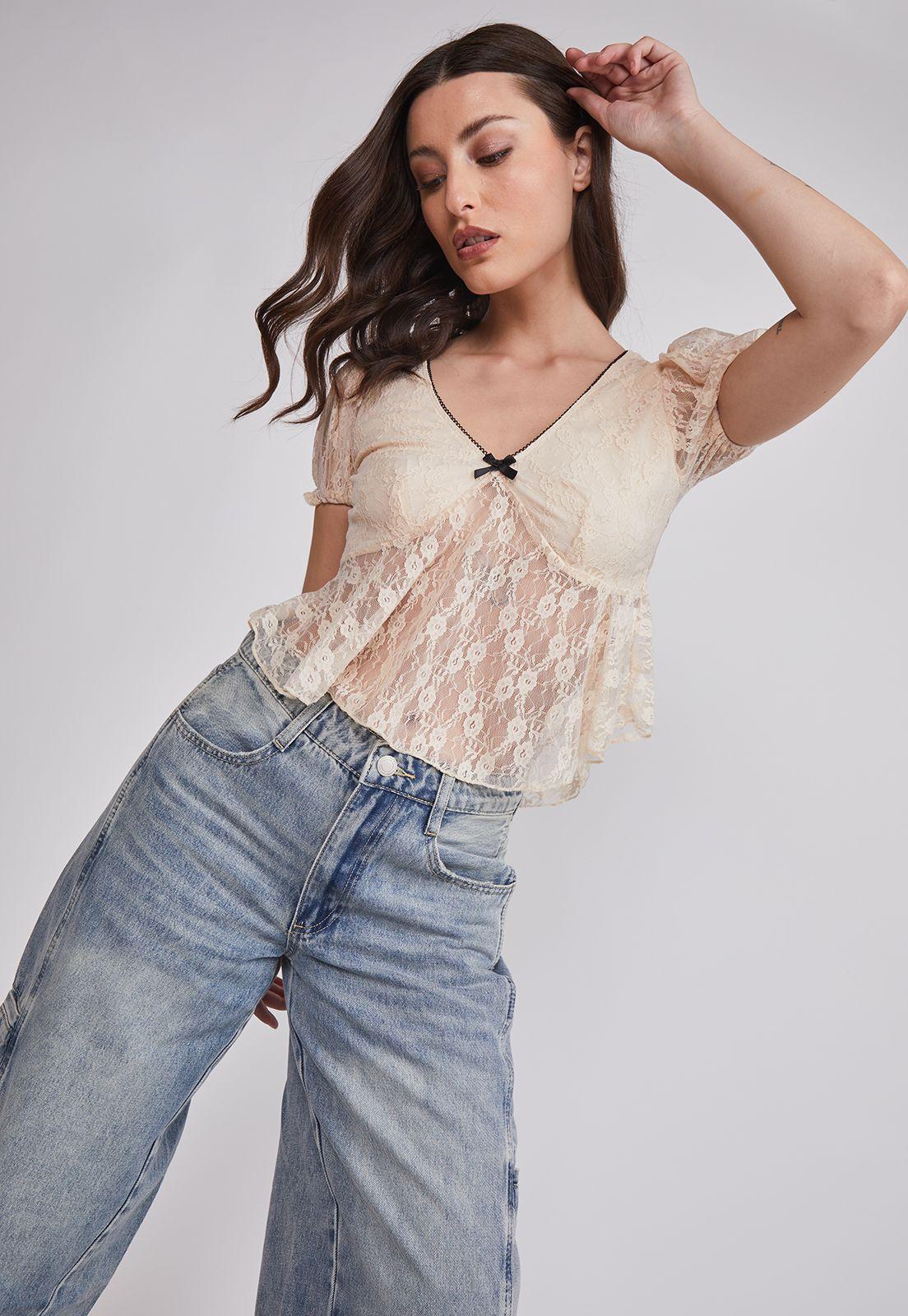 Blusa Mujer Manga Globo Crudo Sioux-1