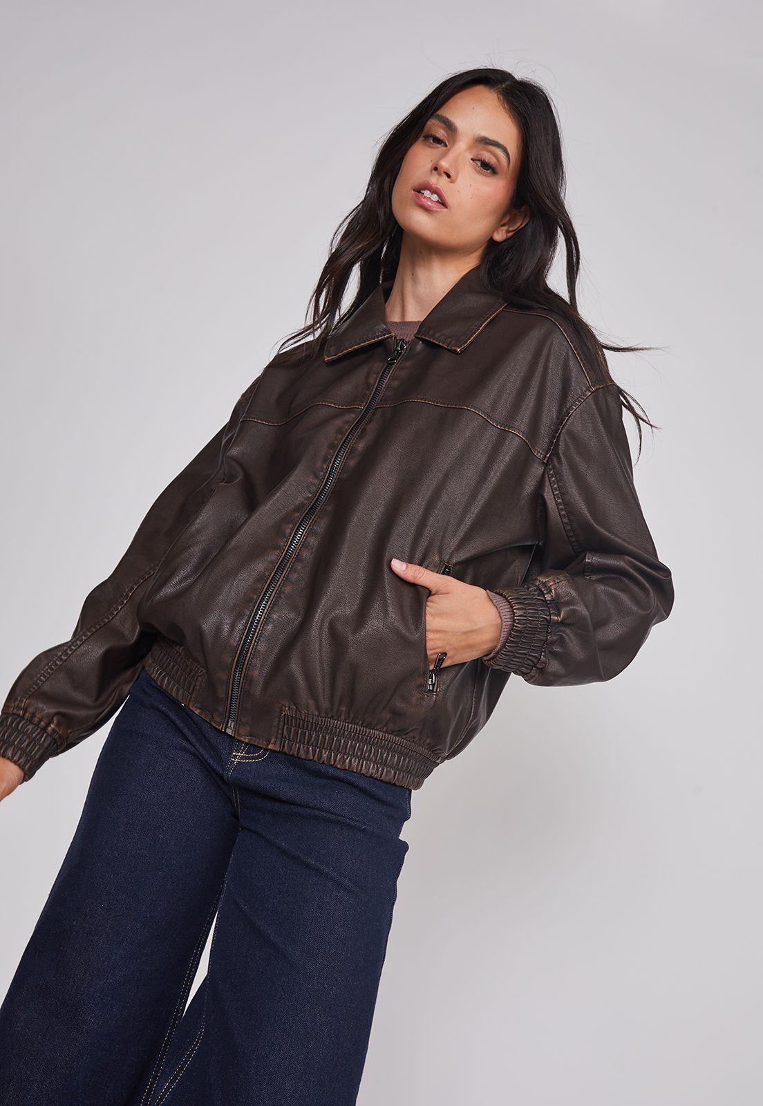 Chaqueta Mujer Lavada Ecocuero Café Sioux-0