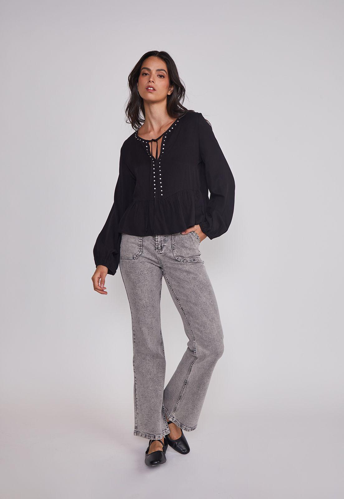 Jeans Mujer Flare Tiro Alto Gris Sioux-2