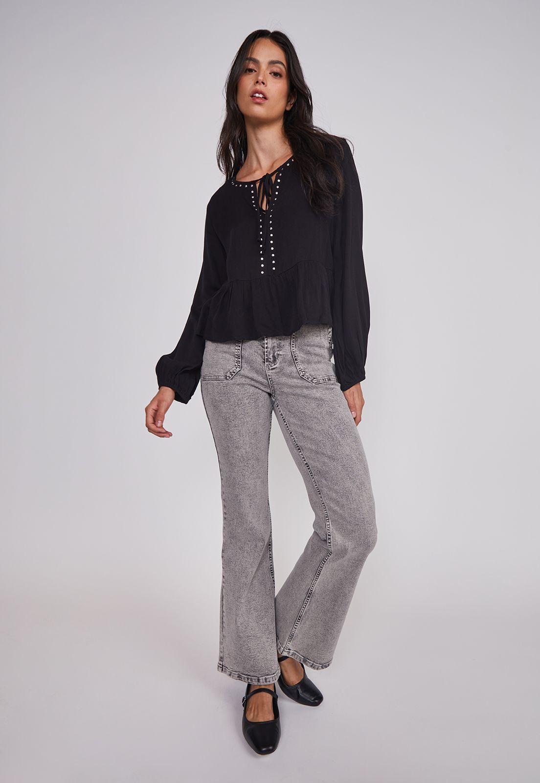 Jeans Mujer Flare Tiro Alto Gris Sioux-4