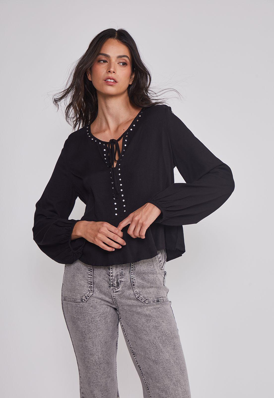 Blusa Mujer Boho Tachas Negro Sioux-0