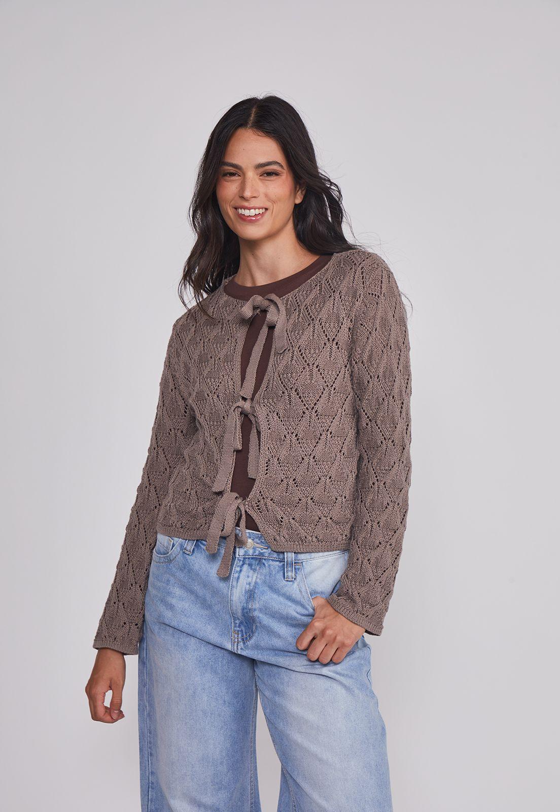 Sweater Mujer Calado Lazos Café Sioux-0