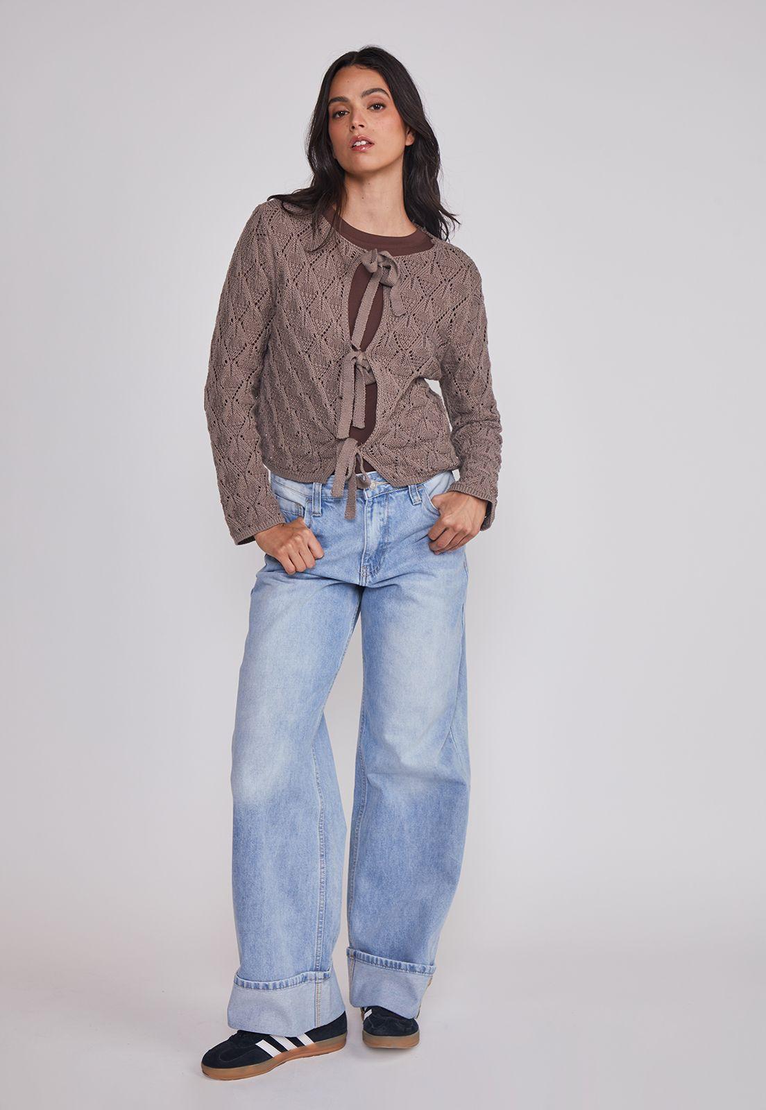 Sweater Mujer Calado Lazos Café Sioux-2