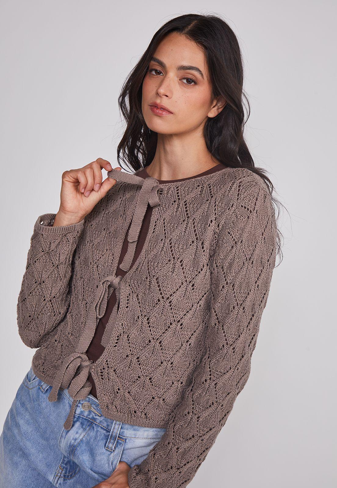 Sweater Mujer Calado Lazos Café Sioux-4