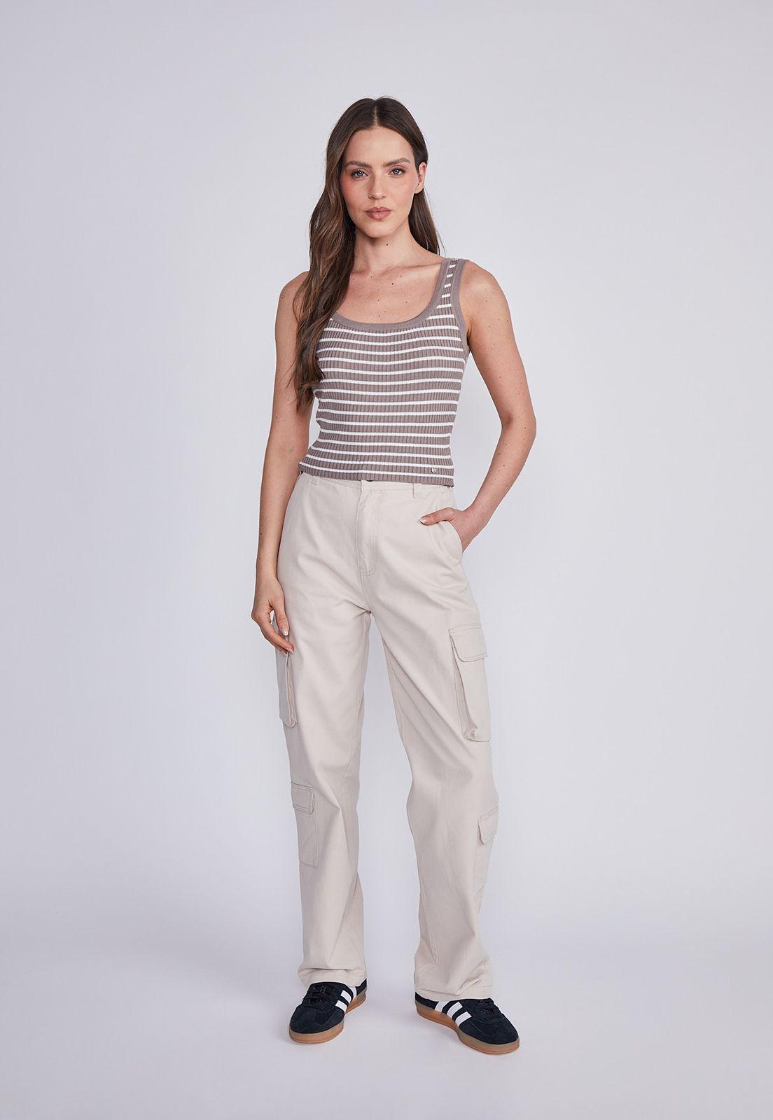 Peto Mujer Beige Cuello Redondo Listado Sioux-4