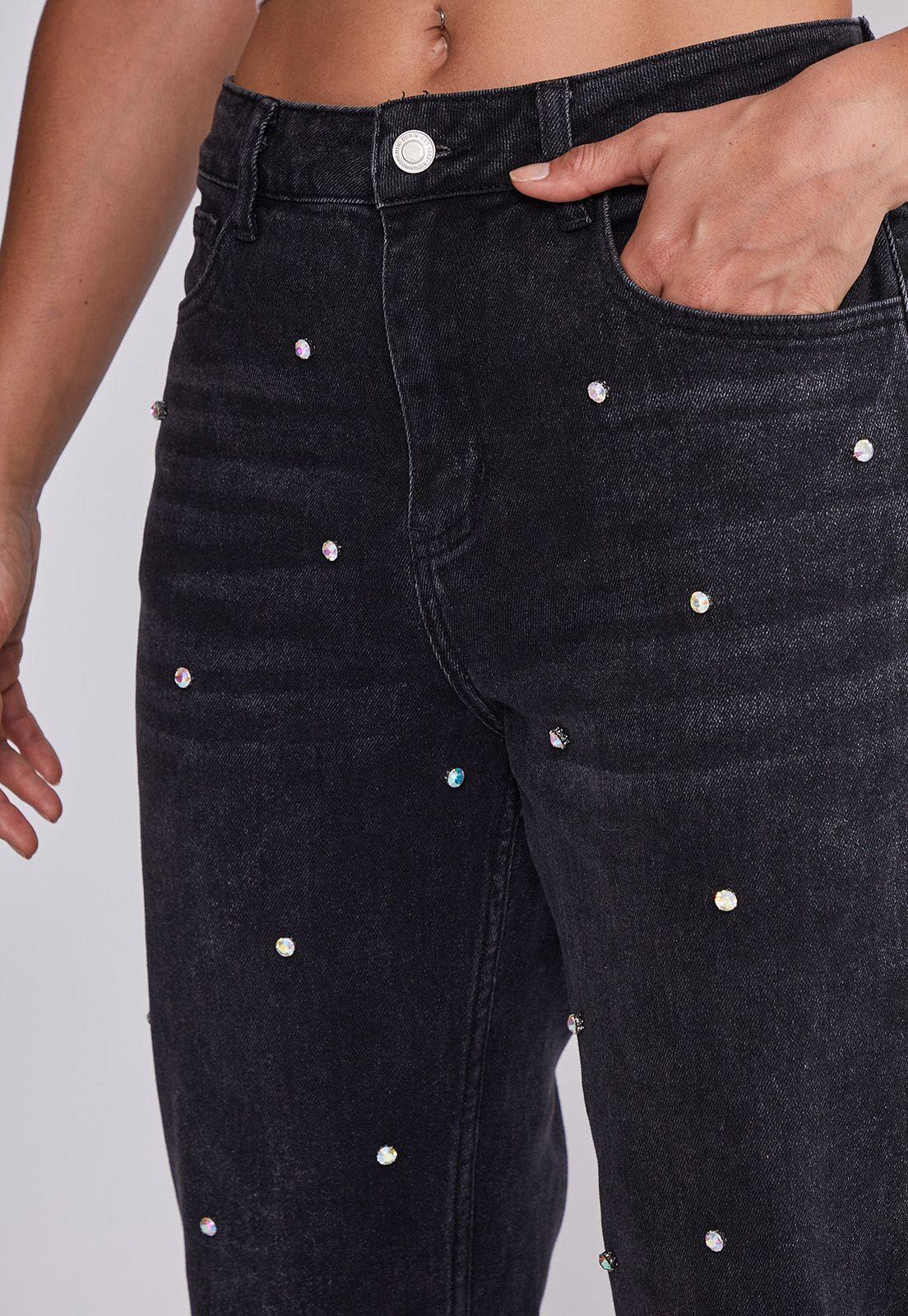 Jeans Mujer Negro Mom Con Strass Grandes Sioux-1