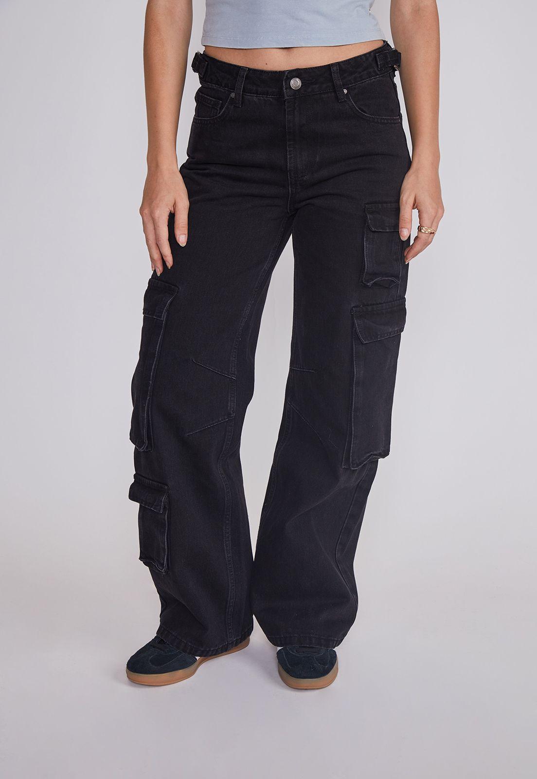 Jeans Mujer Cargo Ajustador Negro Sioux-1