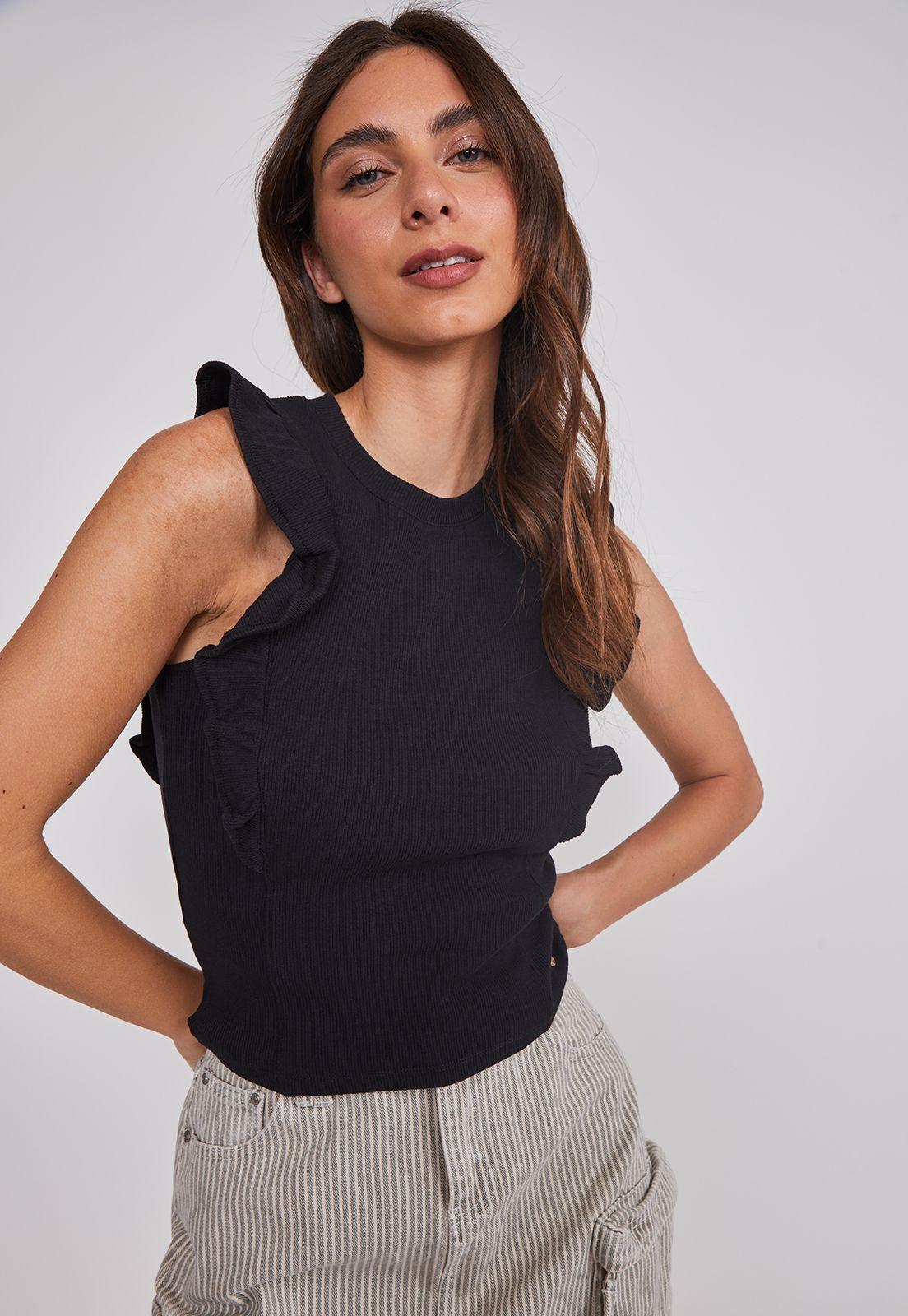 Polera Mujer Rib Vuelos Negro Sioux-1