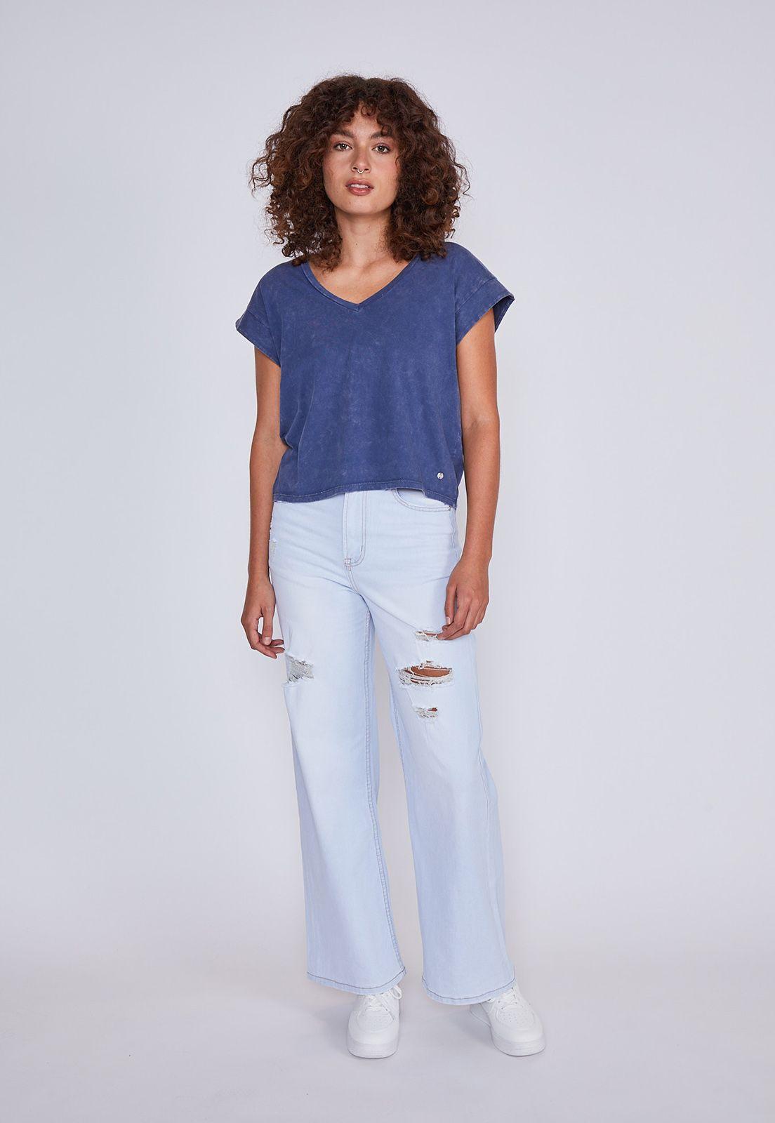 Polera Mujer Lavada Cuello V Azul Sioux-3