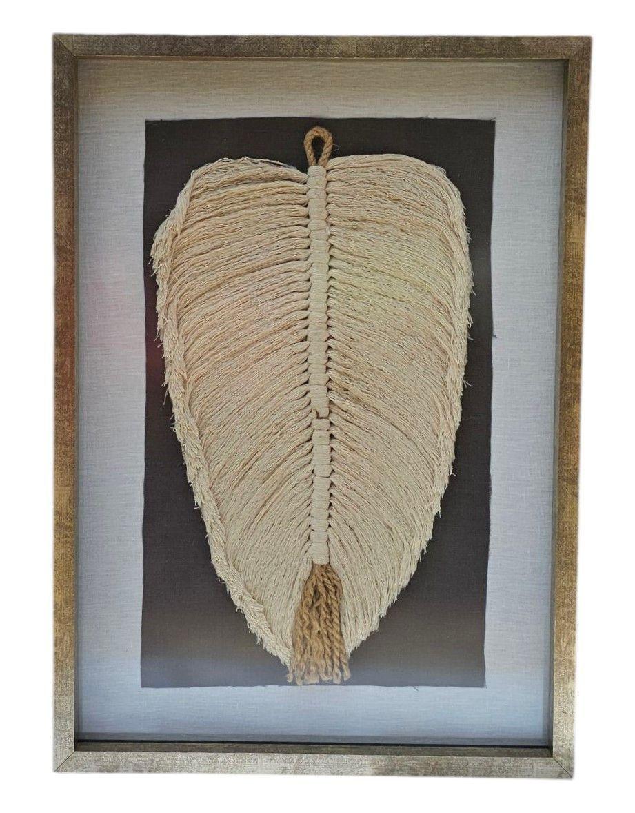 Cuadro Hoja Algodón Marco Dorado Decoración Hecho a Mano 50x30 Vidrio Macramé-3