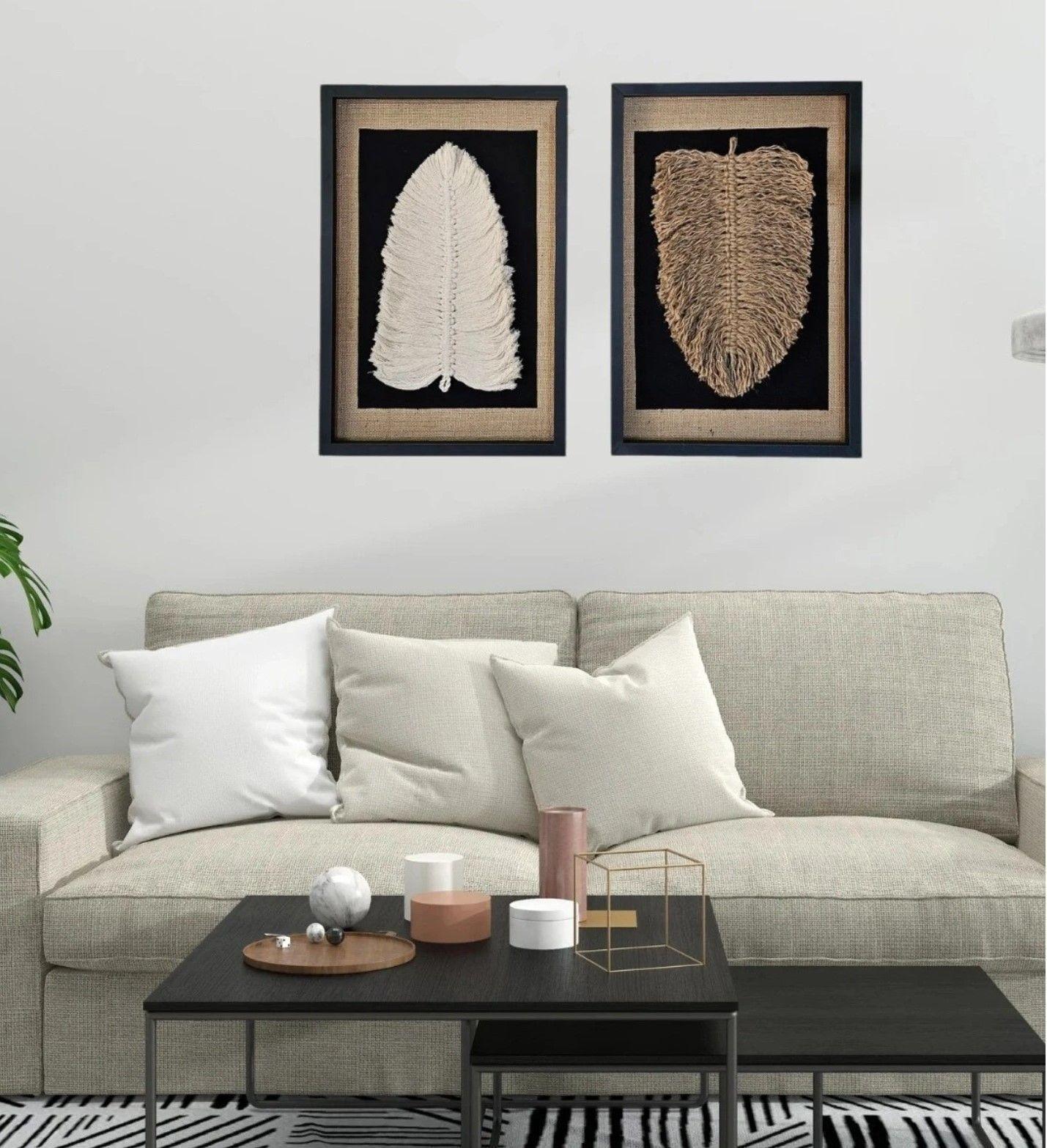 Cuadro Hoja Algodón Marco Dorado Decoración Hecho a Mano 50x30 Vidrio Macramé-5