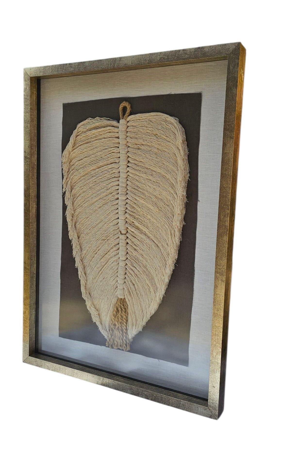 Cuadro Hoja Algodón Marco Dorado Decoración Hecho a Mano 50x32 Vidrio Macramé-2