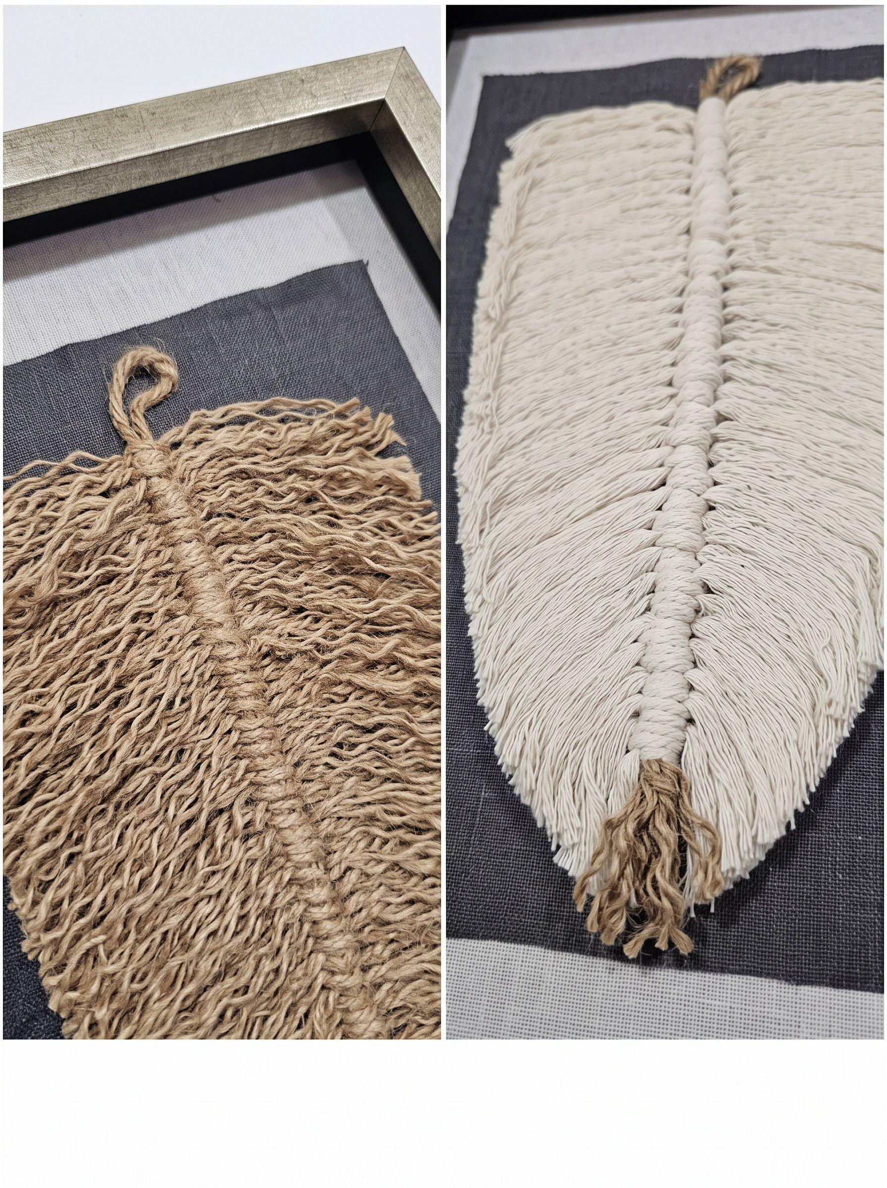 Dúo Cuadro Decorativo Hoja Pluma Algodón Yute, Fibra Natural, Artesanía Chilena-1
