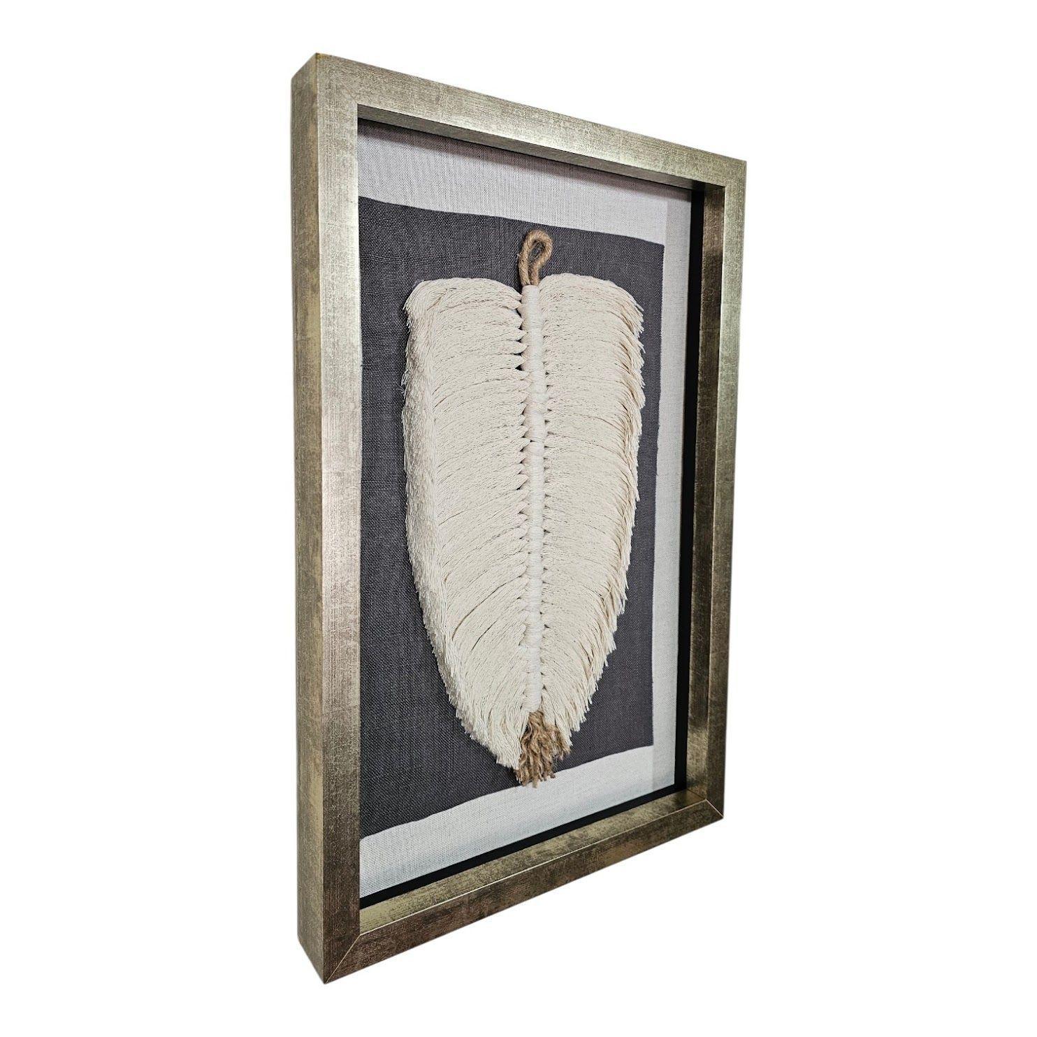Dúo Cuadro Decorativo Hoja Pluma Algodón Yute, Fibra Natural, Artesanía Chilena-2