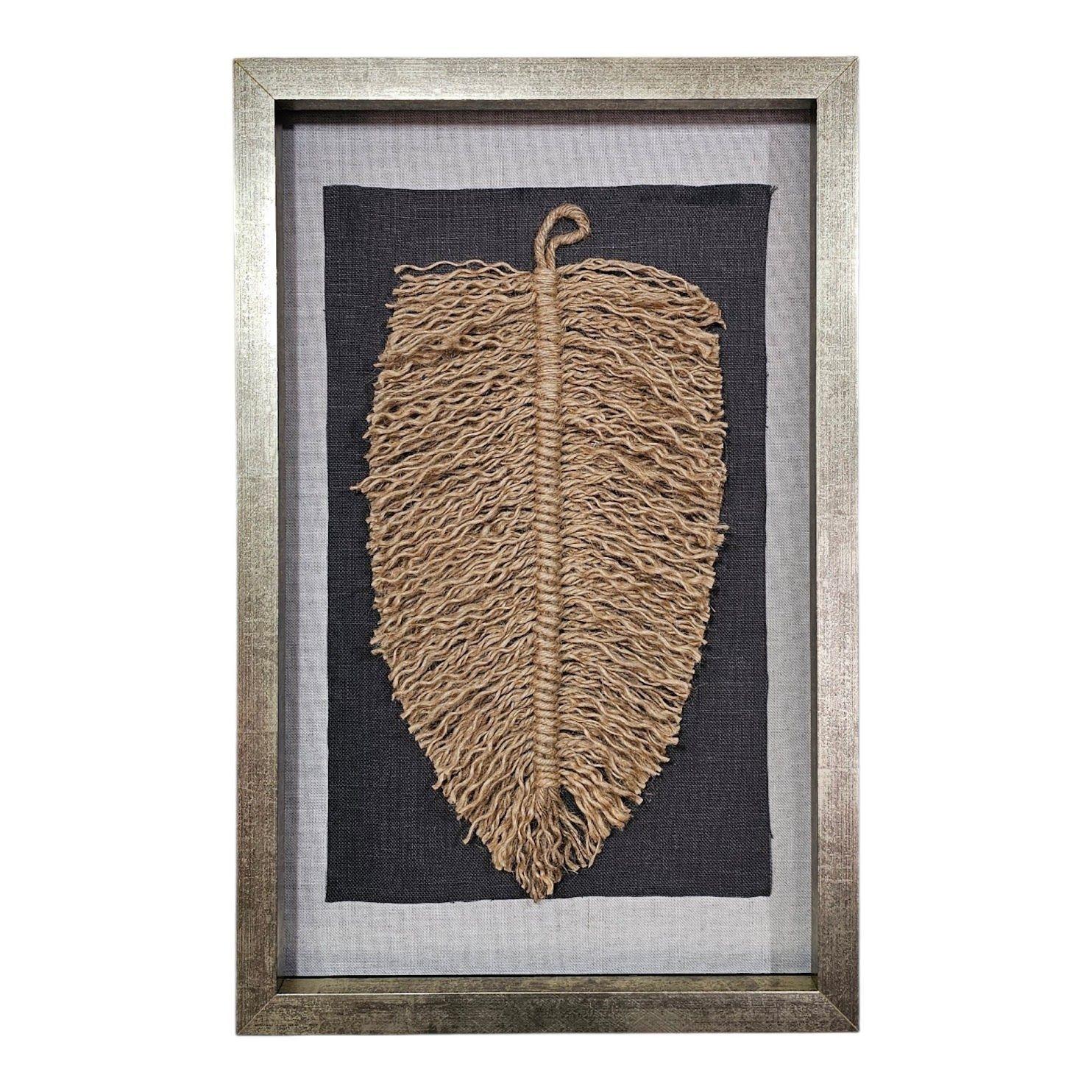 Dúo Cuadro Decorativo Hoja Pluma Algodón Yute, Fibra Natural, Artesanía Chilena-3