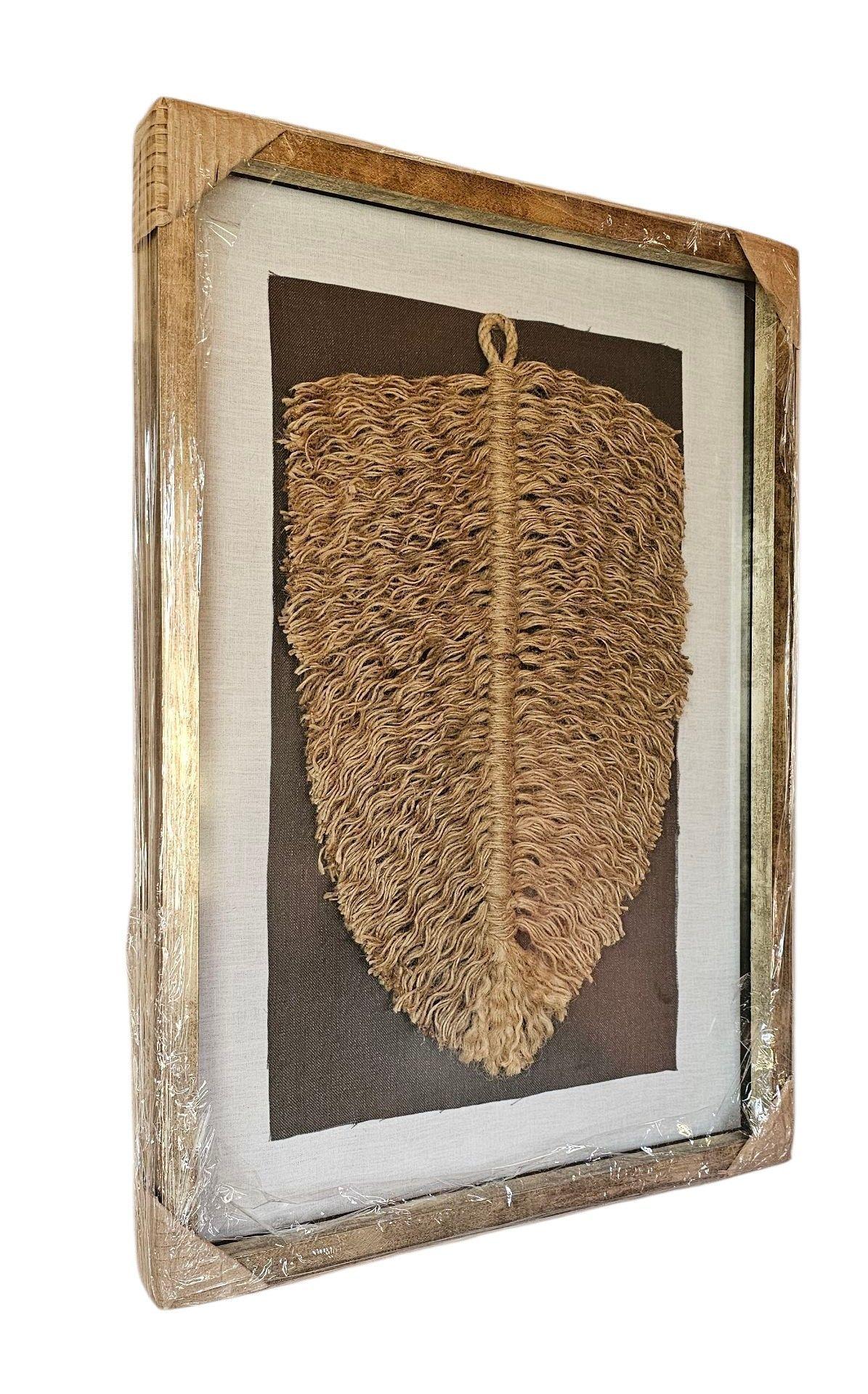 Cuadro Hoja Yute Marco Dorado Decoración Hecho a Mano 60x40 Vidrio-1