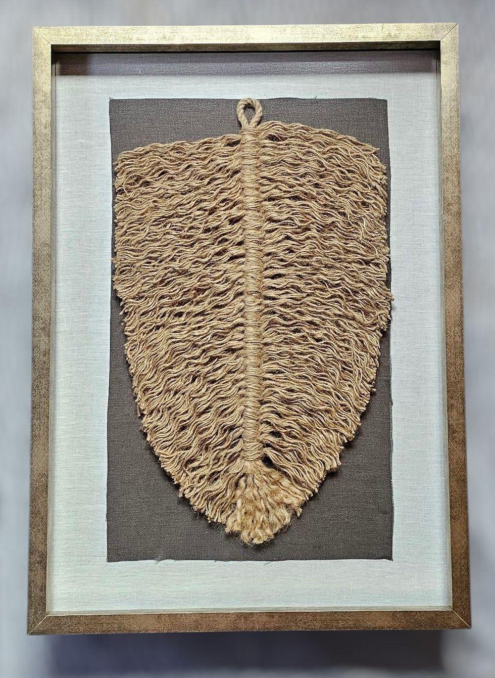 Cuadro Hoja Yute Marco Dorado Decoración Hecho a Mano Macramé 60x40 Vidrio-2