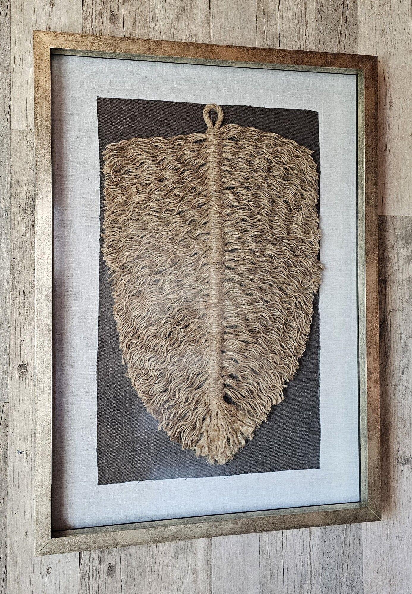 Cuadro Hoja Yute Marco Dorado Decoración Hecho a Mano Macramé 60x40 Vidrio-3
