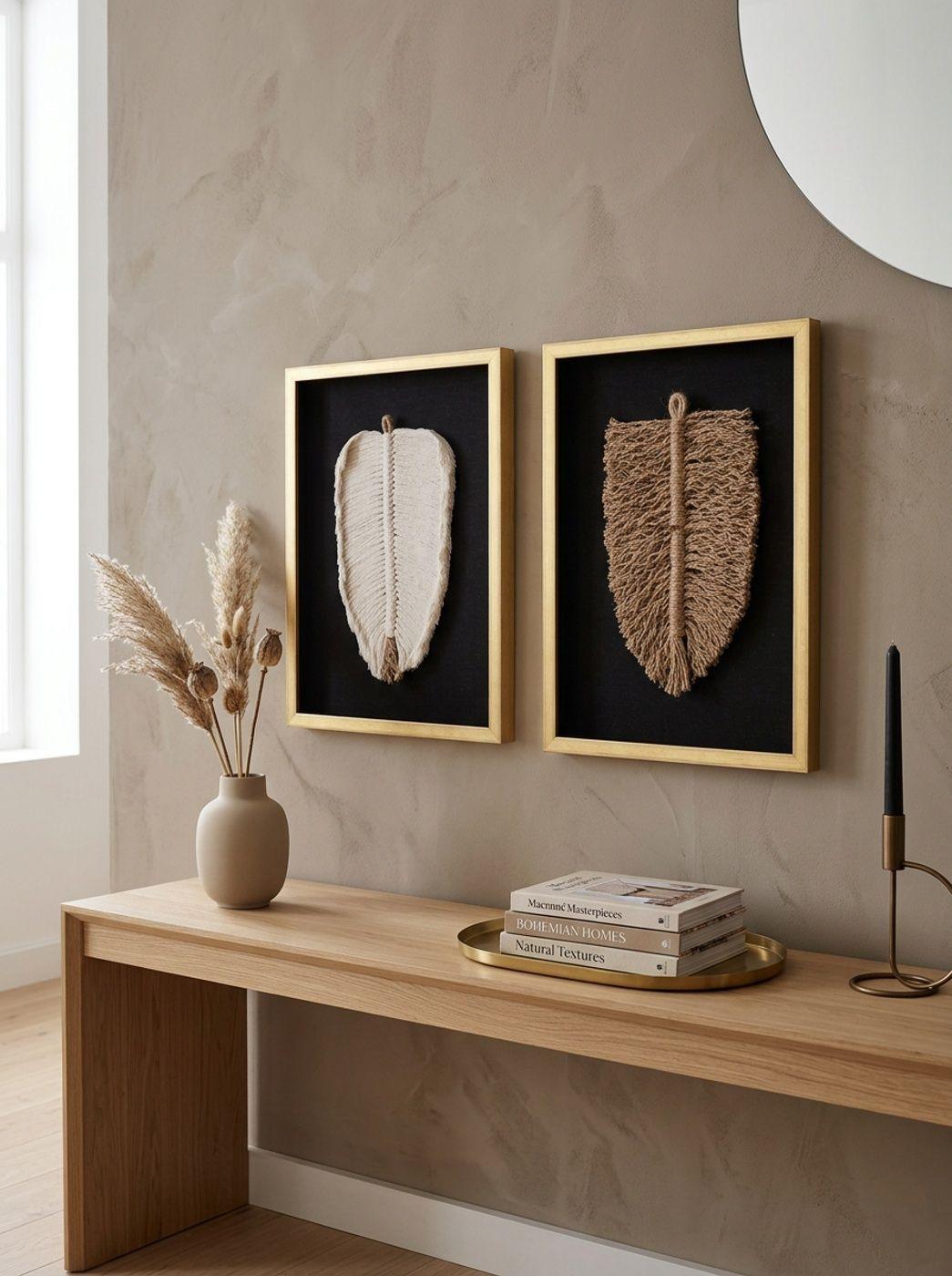 Dúo Cuadro Decorativo Hoja Yute Algodón Arte Textil Hecho a Mano 50x36 c/Vidrio-2