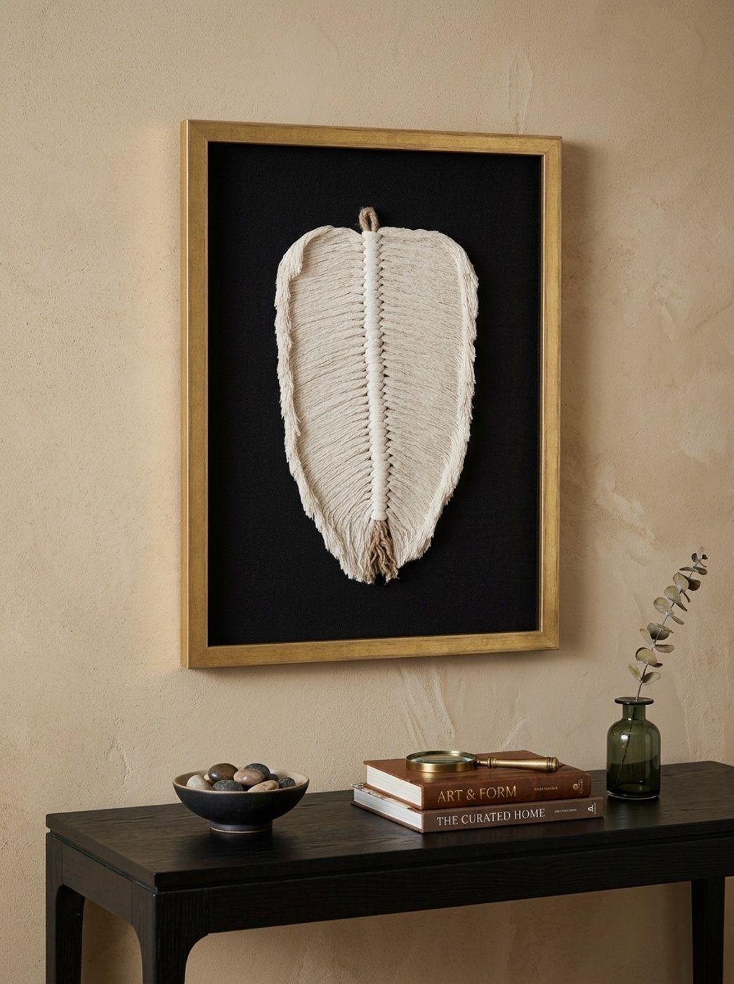 Dúo Cuadro Decorativo Hoja Yute Algodón Arte Textil Hecho a Mano 50x36 c/Vidrio-3