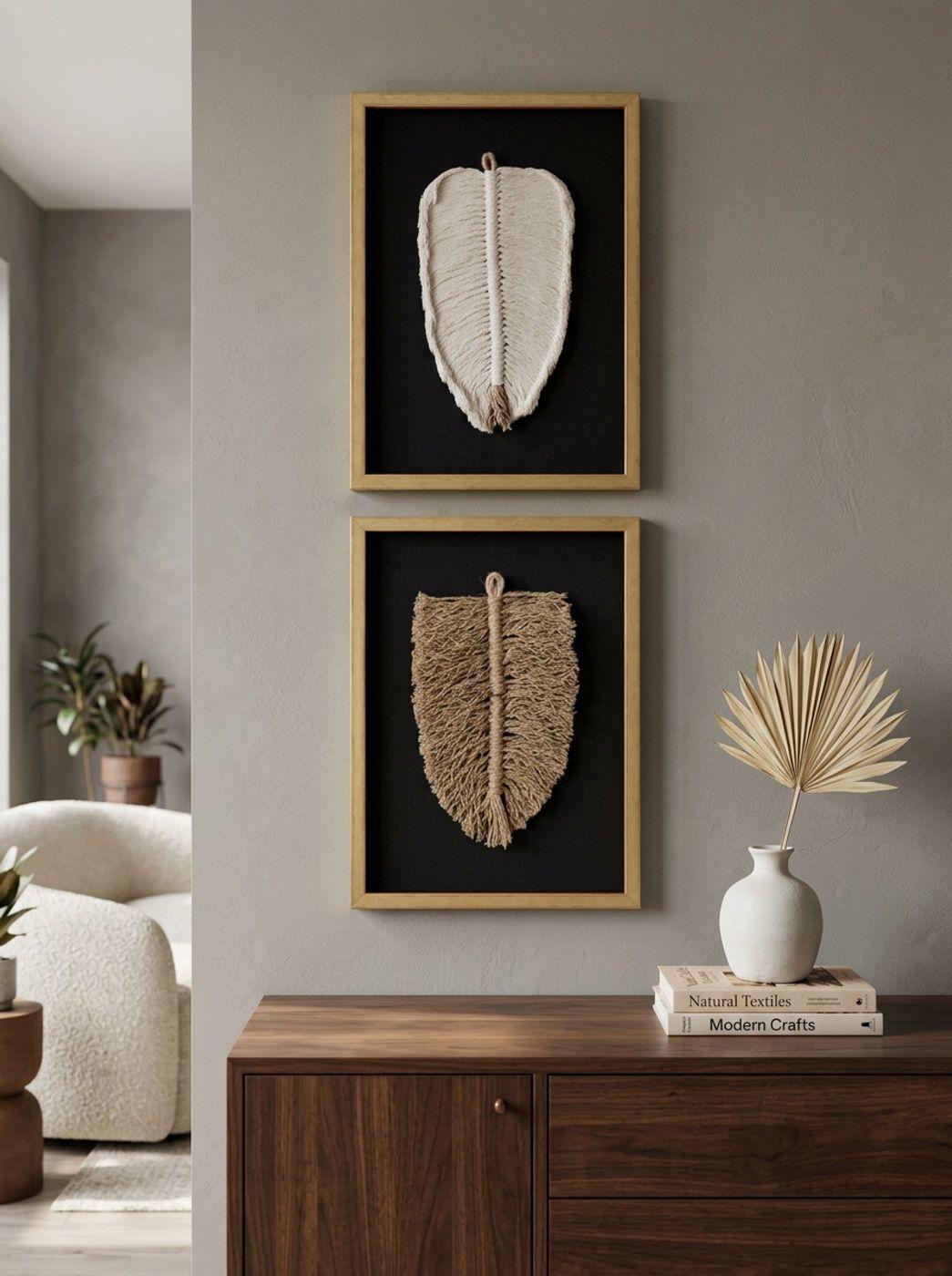 Dúo Cuadro Decorativo Hoja Yute Algodón Arte Textil Hecho a Mano 50x36 c/Vidrio-5