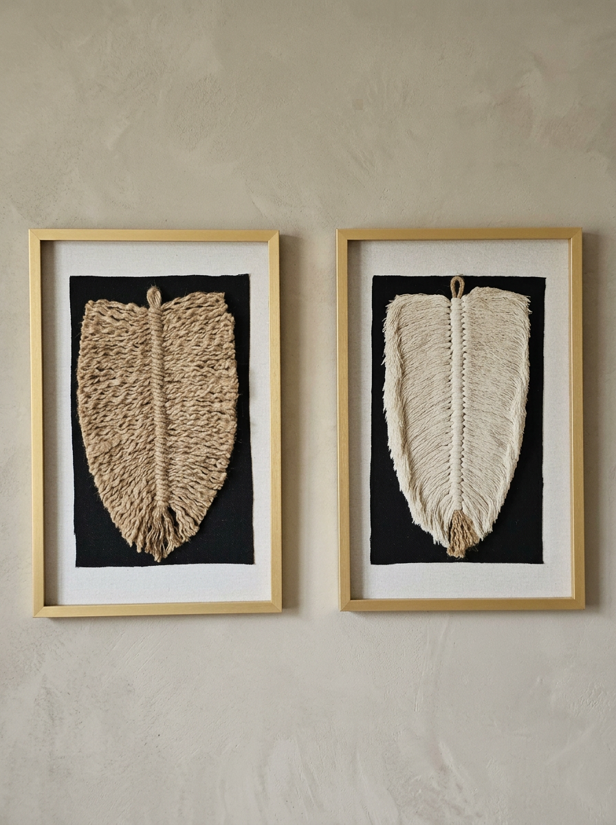 Set Cuadro Decorativo Hoja Yute Algodón Arte Textil Hecho a Mano 50x34 c/vidrio-2
