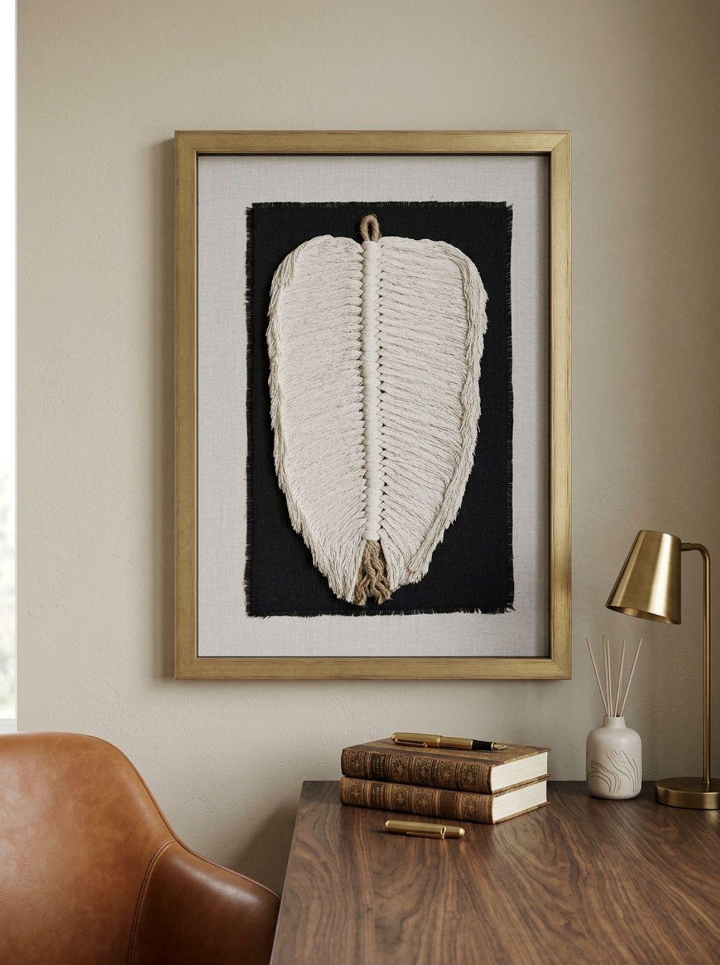 Dúo Cuadro Decorativo Hoja Yute Algodón Arte Textil Hecho a Mano 50x36 c/vidrio-1