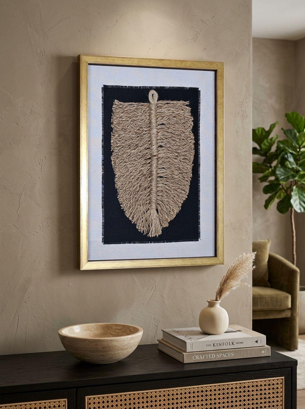 Dúo Cuadro Decorativo Hoja Yute Algodón Arte Textil Hecho a Mano 50x36 c/vidrio-2