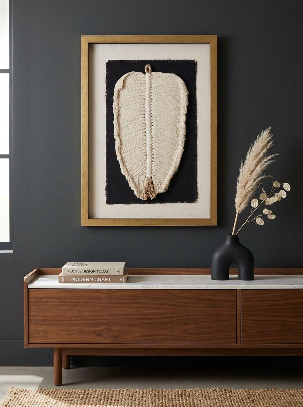 Dúo Cuadro Decorativo Hoja Yute Algodón Arte Textil Hecho a Mano 50x36 c/vidrio-3