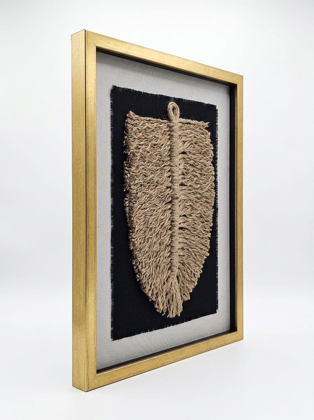 Dúo Cuadro Decorativo Hoja Yute Algodón Arte Textil Hecho a Mano 50x36 c/vidrio-4