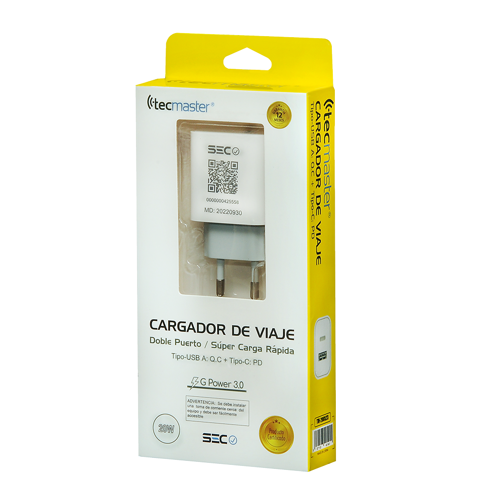 CARGADOR TECMASTER 1 puerto USB A 1 puerto Tipo C-3