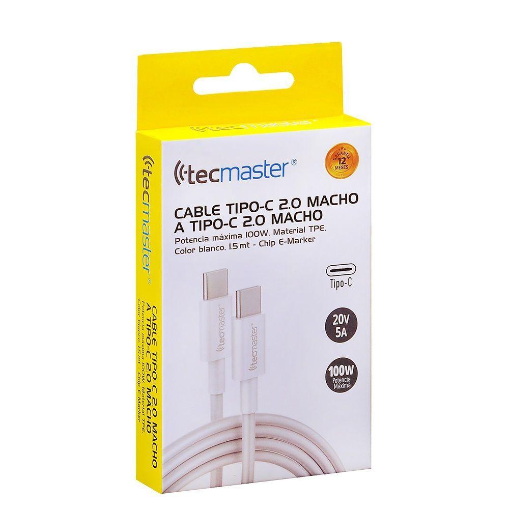 TECMASTER CABLE 1 5 MTRS TPE TYPE C 2 0 A TYPE C 2 0 100W 20V 5A BLANCO-0