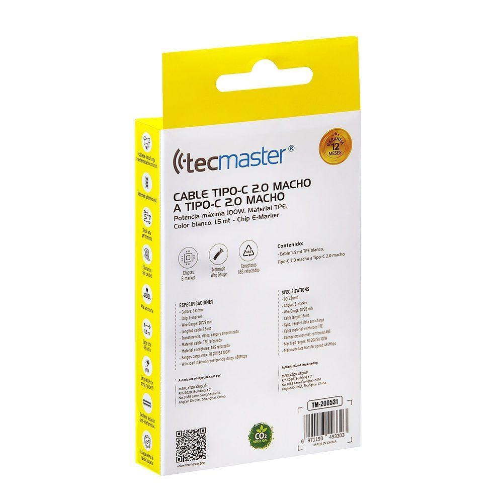 TECMASTER CABLE 1 5 MTRS TPE TYPE C 2 0 A TYPE C 2 0 100W 20V 5A BLANCO-1