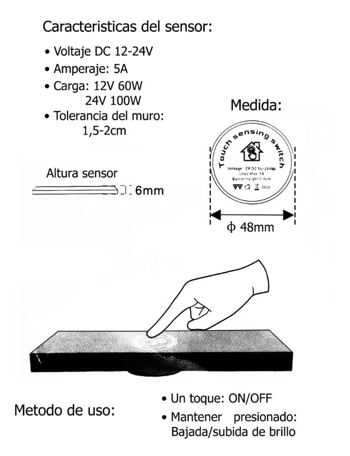 Pack 3 Sensor Touch Oculto 12 24V 5A tras Panel max 10mm-5