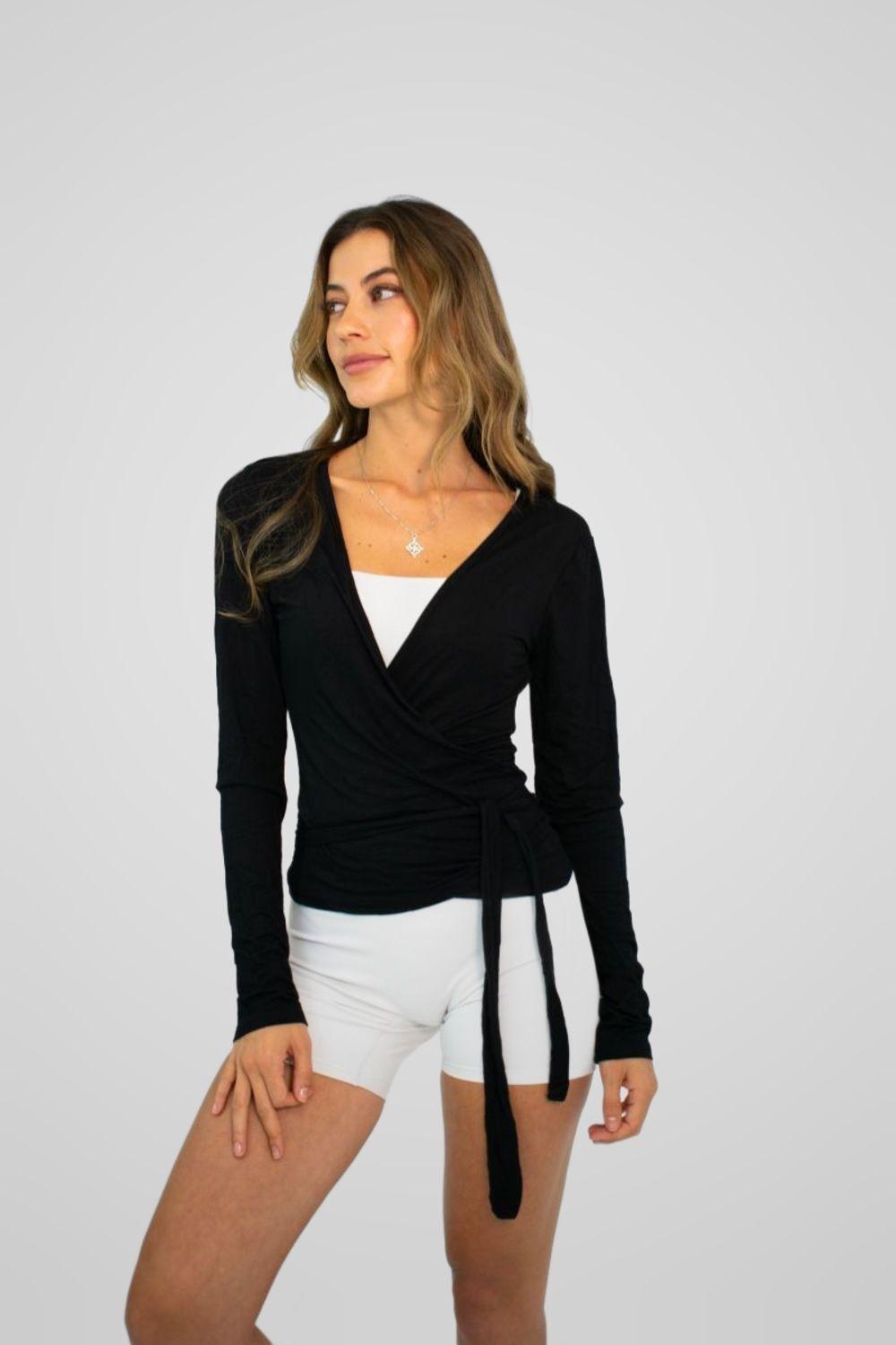 Polera Cruzada Mujer Manga Larga Pilates Yoga Ballet Wrap Negra 4Women-1