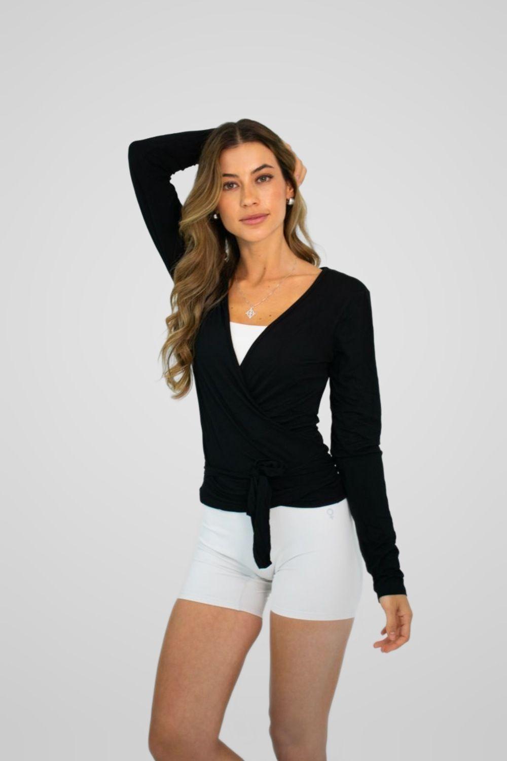Polera Cruzada Mujer Manga Larga Pilates Yoga Ballet Wrap Negra 4Women-0