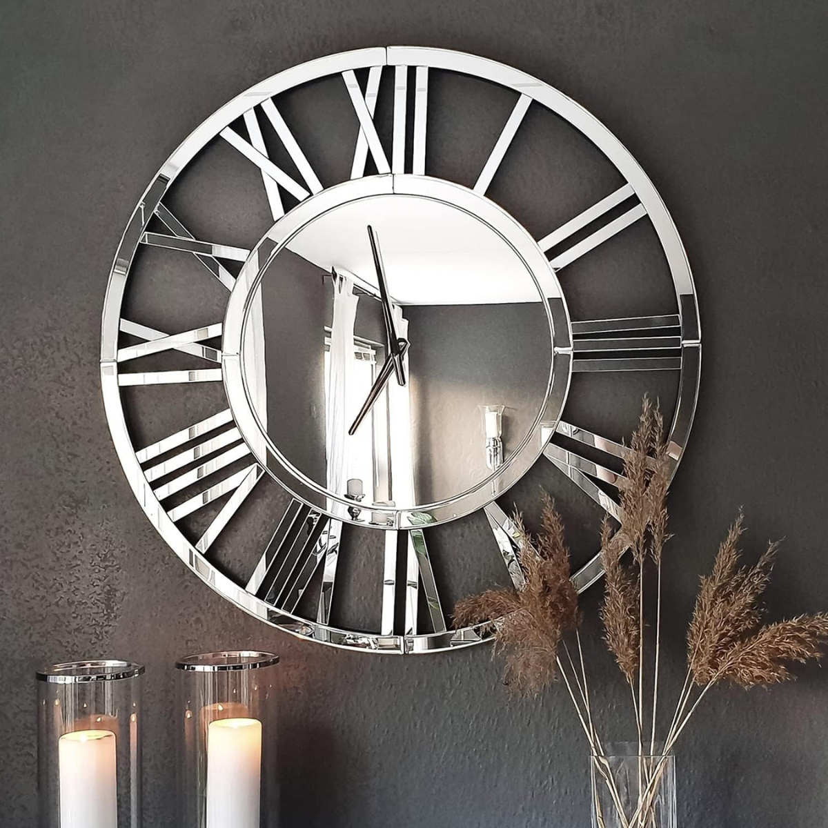 Reloj de Pared Espejo Biselado con Números Romanos Grande 60×60 cm-0