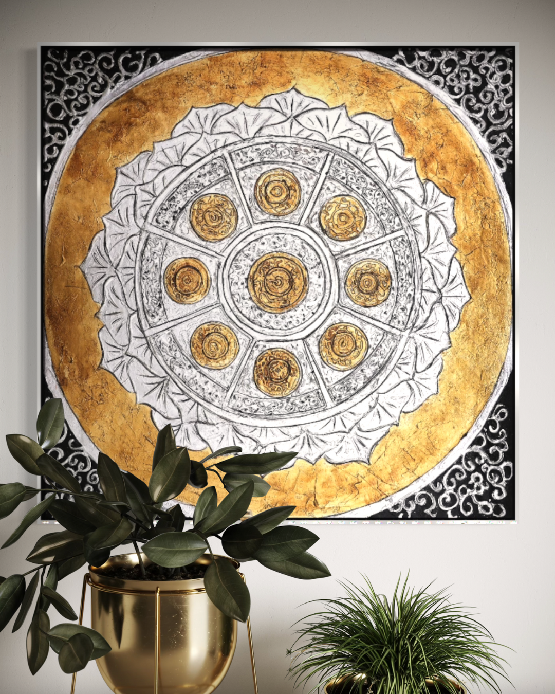 ÓLEO L FIGURATIVO SÍMBOLOS DORADOS Y BLANCOS 120X120-1