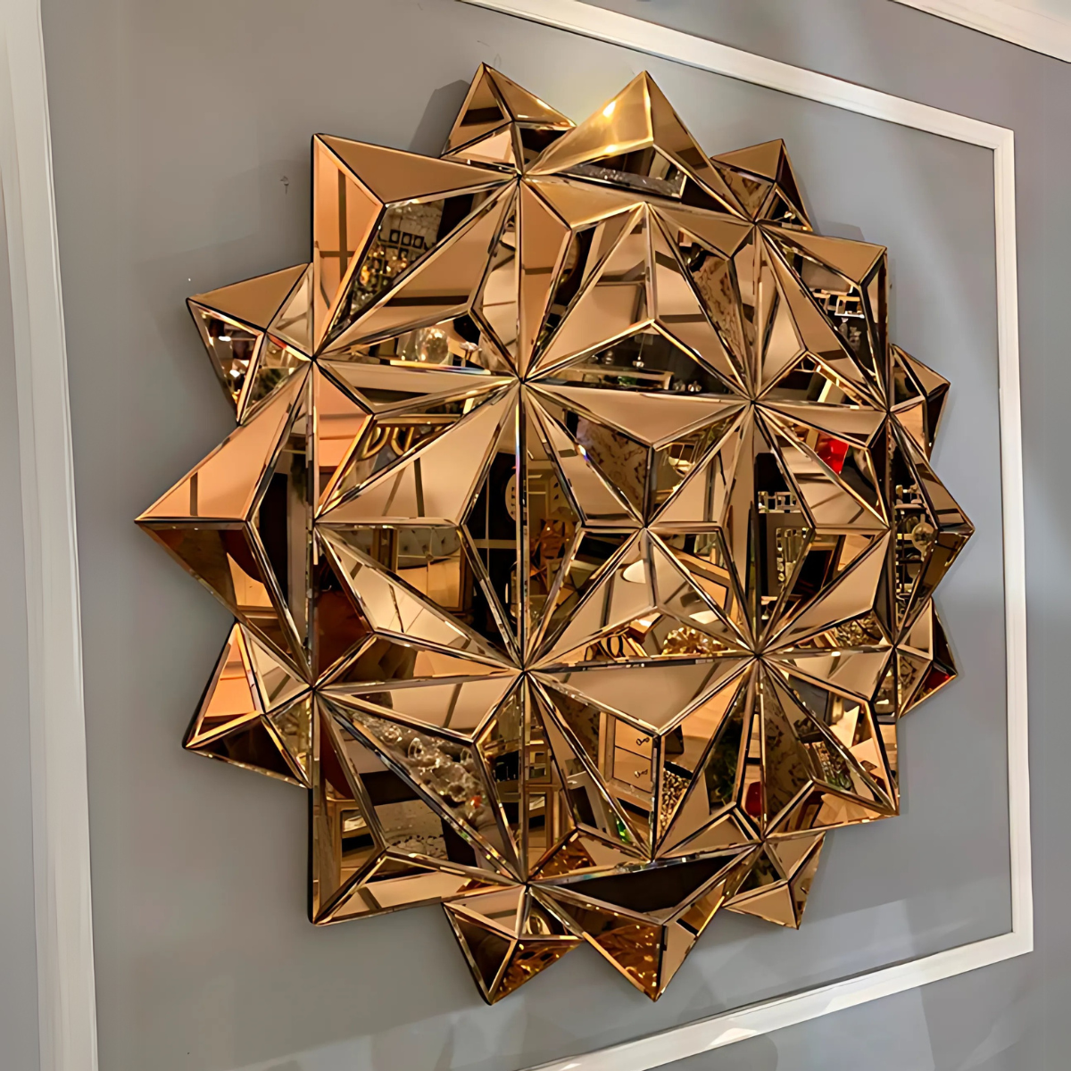 Espejo Decorativo Redondo 90x90 Diseño Geométrico de Triángulos Cobre-4