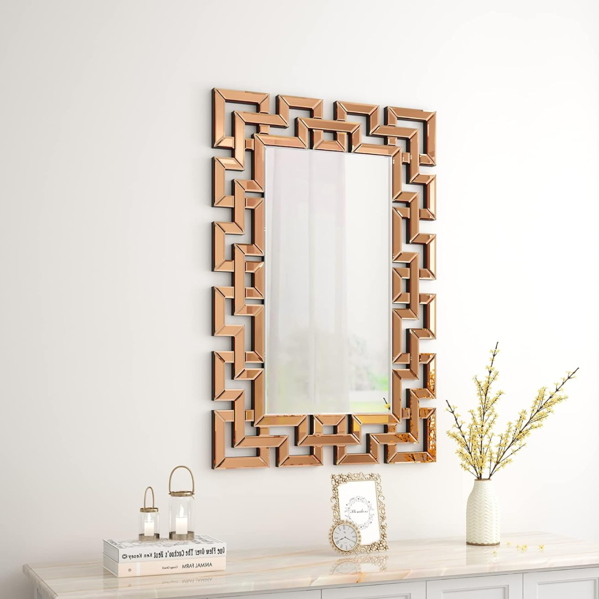 Espejo Rectangular Decorativo 80×120 cm Marco Geométrico Cobre-0