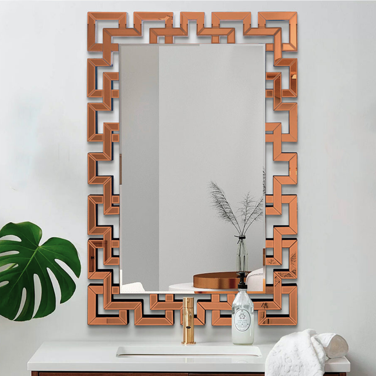 Espejo Rectangular Decorativo 80×120 cm Marco Geométrico Cobre-2