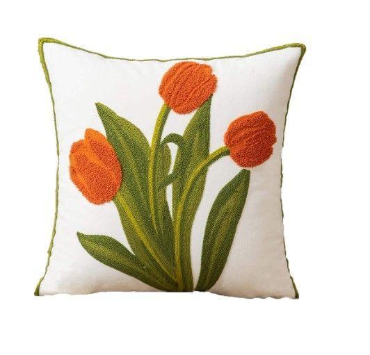 Funda de cojín bordada tulipán naranja-0