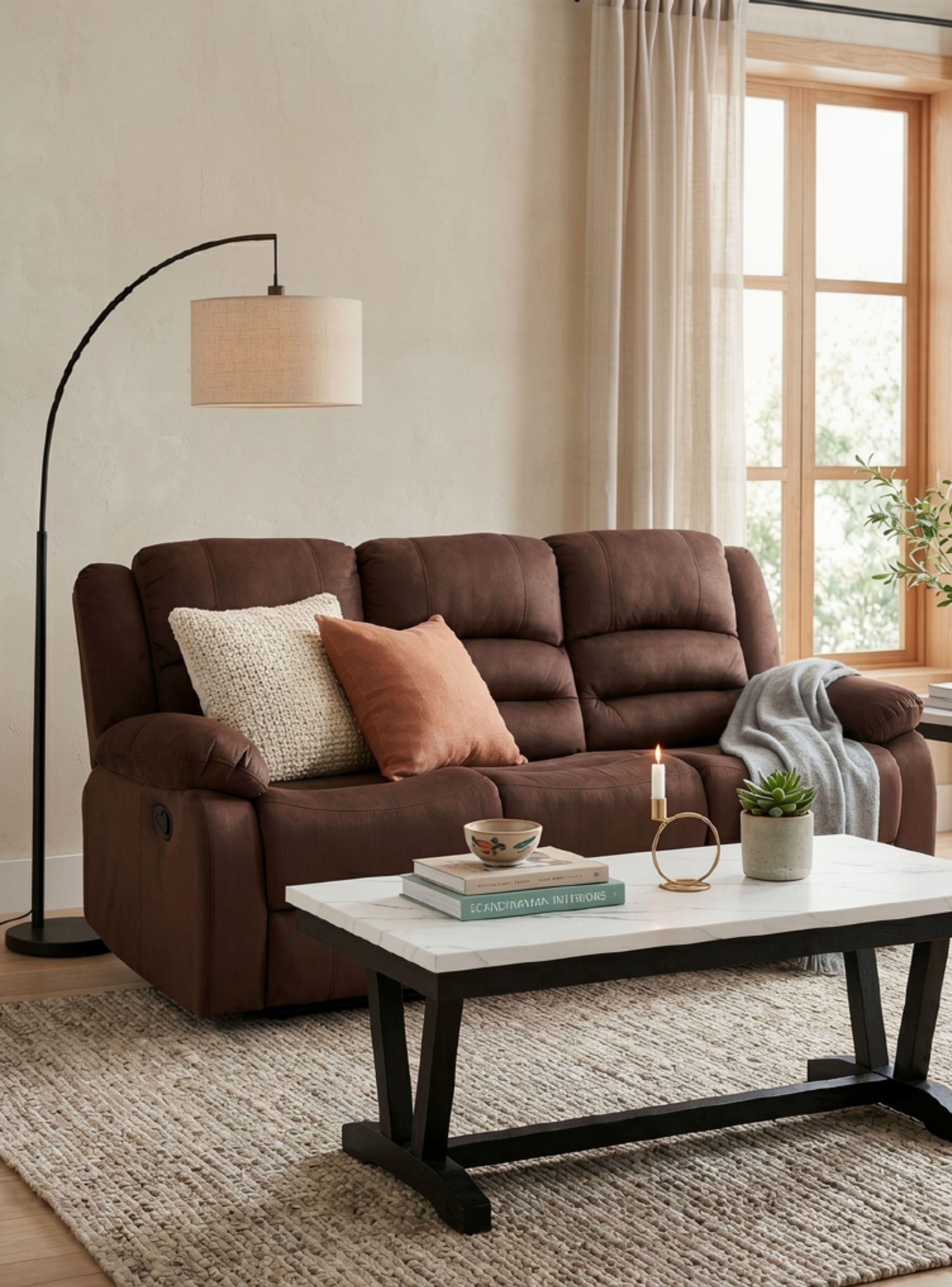 Sofá 3 Cuerpos Reclinable Clásico Martell Café + Mesa De Centro Mármol Rodeus Blanca-0