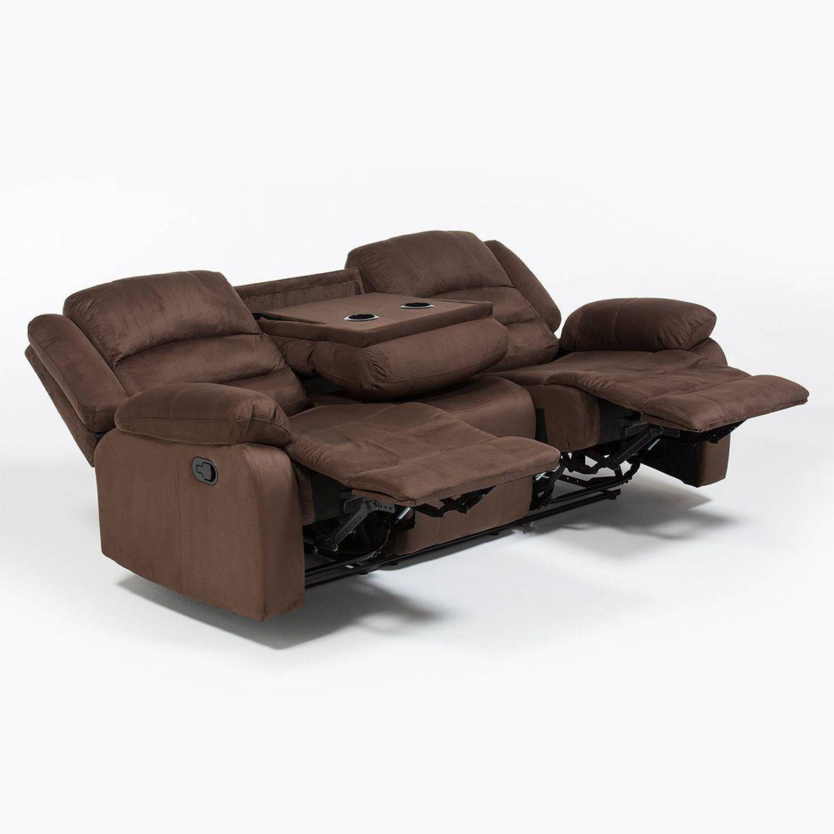 Sofá 3 Cuerpos Reclinable Clásico Martell Café + Mesa De Centro Mármol Rodeus Blanca-2