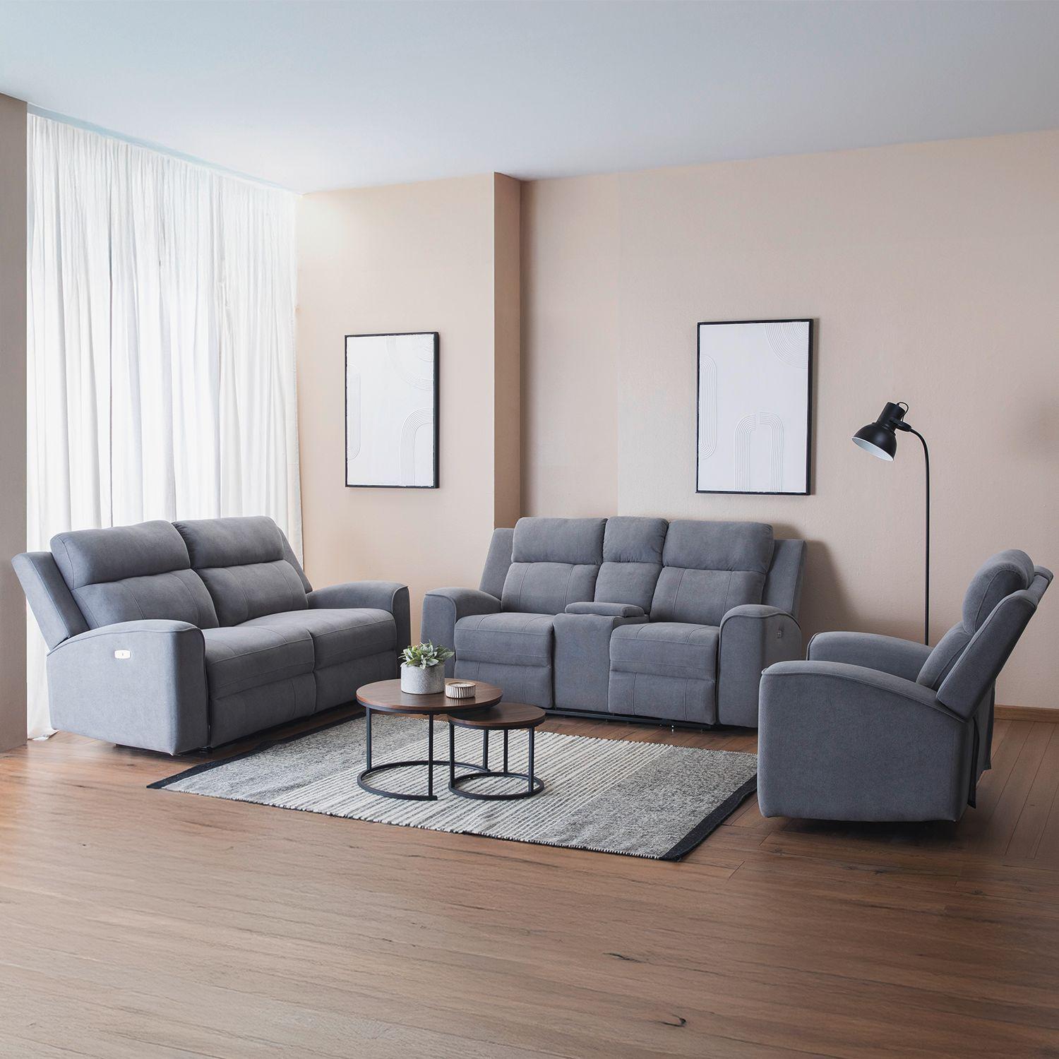 Living Reclinable 2 Sofá 2 Cuerpos + 1 Berger Eléctricos Montana Gris KM807RLS-2